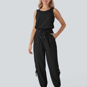 Sleeveless Cutout Drawstring Pocket Cool Touch Yoga Jumpsuit UPF50